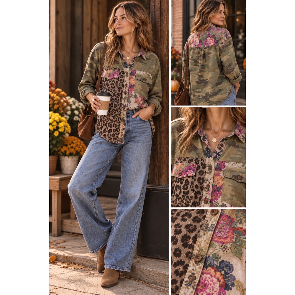 Pilcro Mixed Print Camo Floral Leopard Button Up Shirt Womens Medium Boho Top